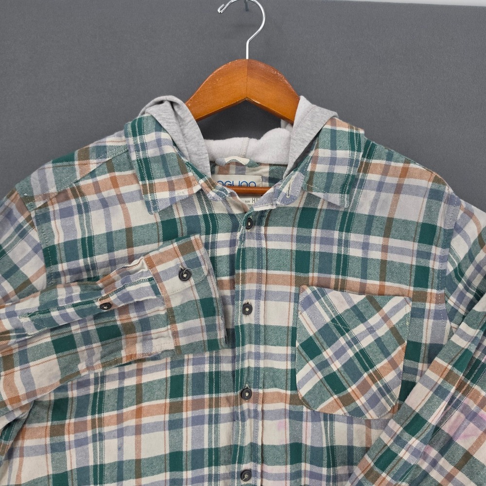 Laguna Mens XL Plaid Hooded Flannel Shirt Green Tan Long Sleeve Button Down